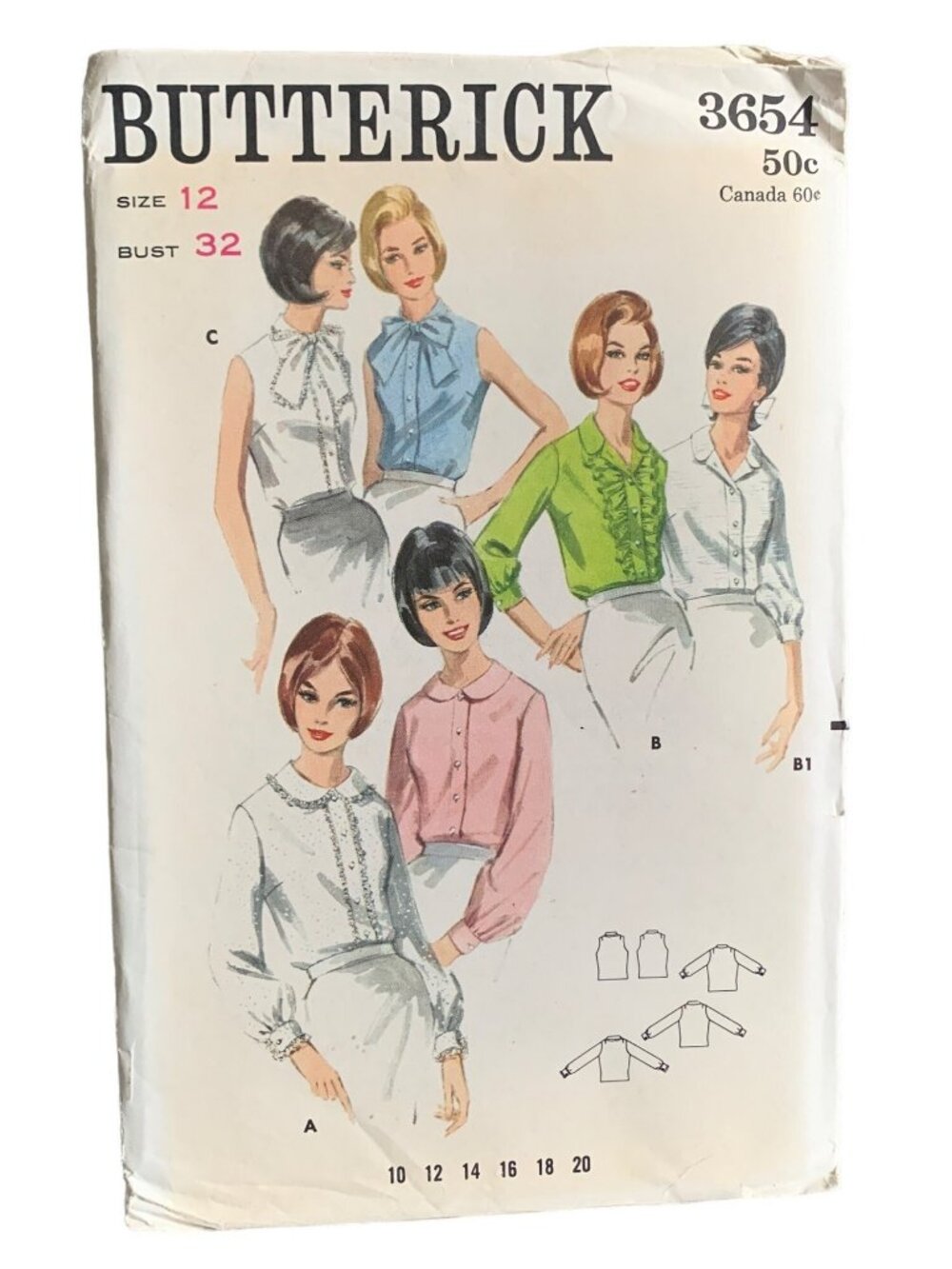 Butterick Sewing Pattern 3654 Shirt Six Versions Size 12 Uncut